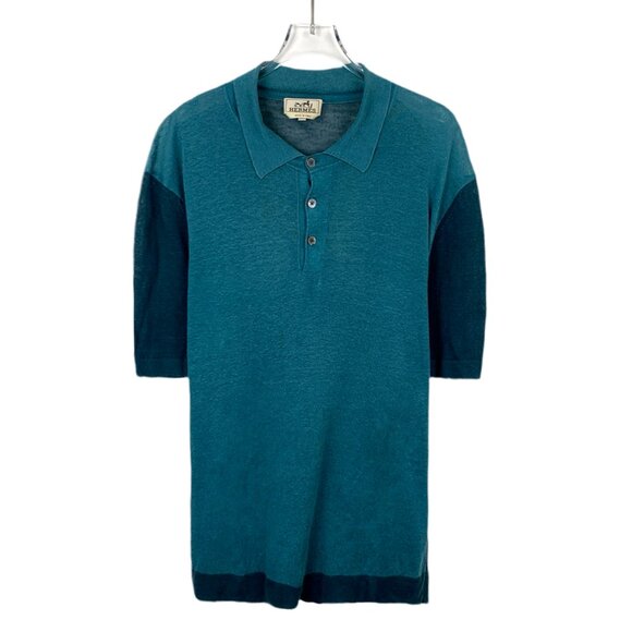 H9402 Hermes Blue Lapel Wool Knitted Short Sleeves L Size Slight Yellow Stains